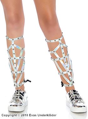 Strap leg wrap, lacing, iridescent fabric, studs, gladiator style